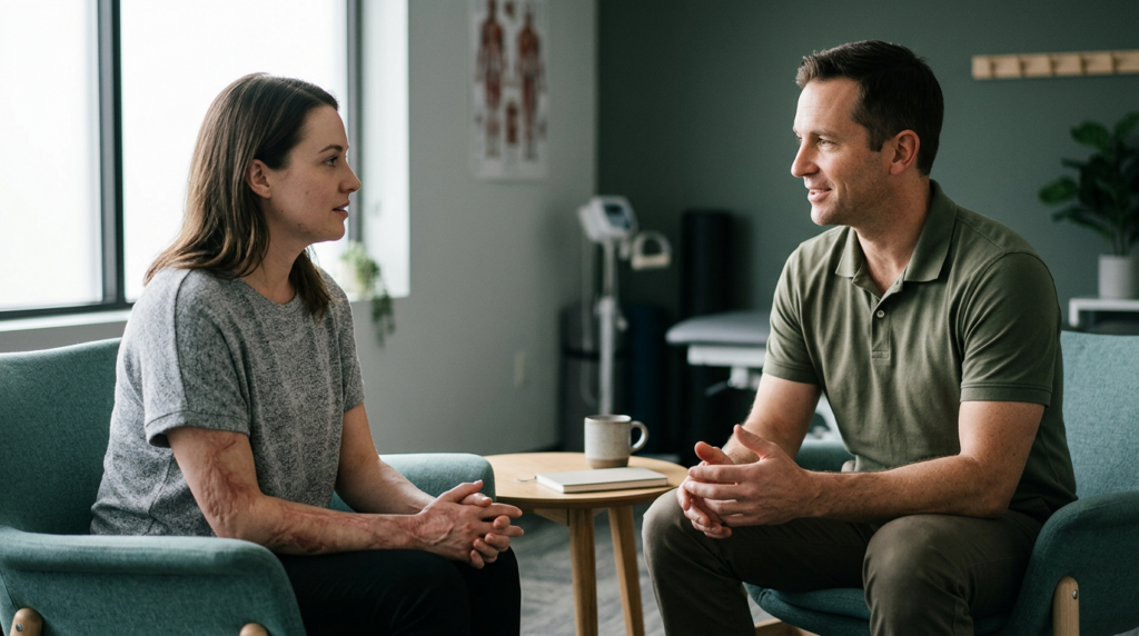 Burn injury patient meeting with a rehabilitation clinician in a calm private treatment room.