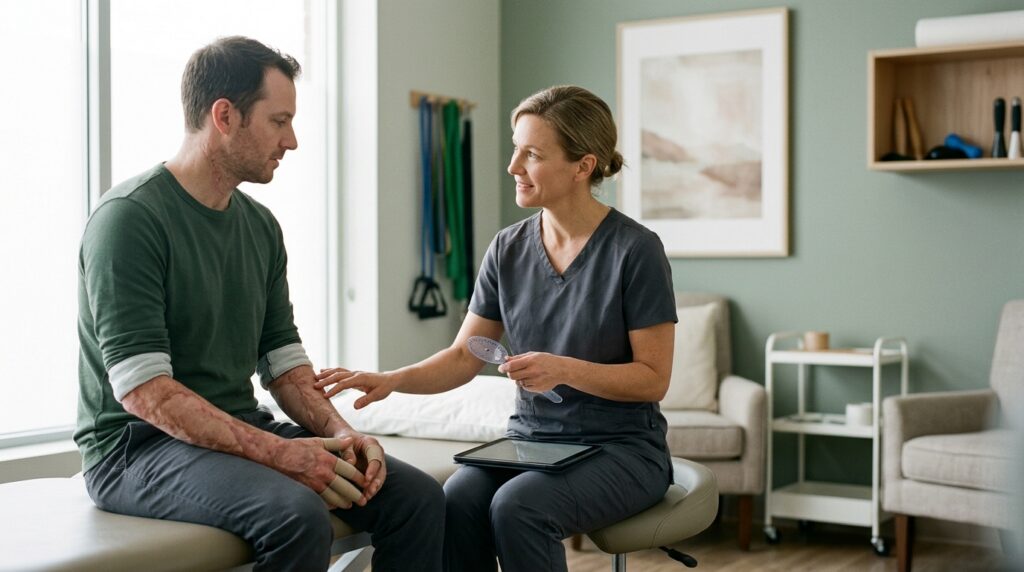 Burn injury patient meeting with a rehabilitation clinician in a calm private treatment room.