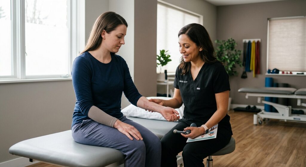 Burn injury patient meeting with a rehabilitation clinician in a calm private treatment room.