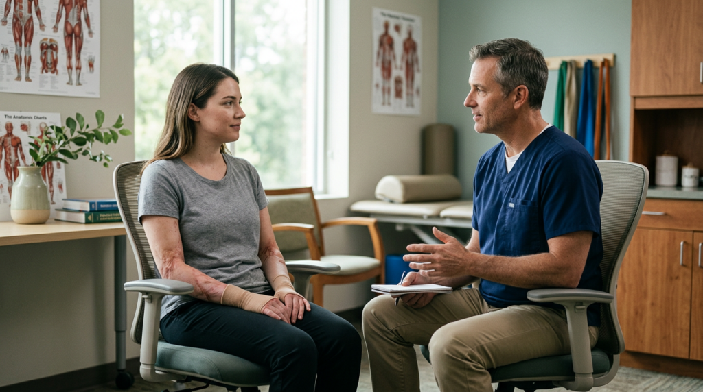 Burn injury patient meeting with a rehabilitation clinician in a private treatment room.