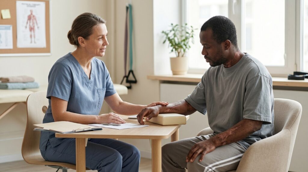 Burn injury patient meeting with a rehabilitation clinician in a calm private treatment room.