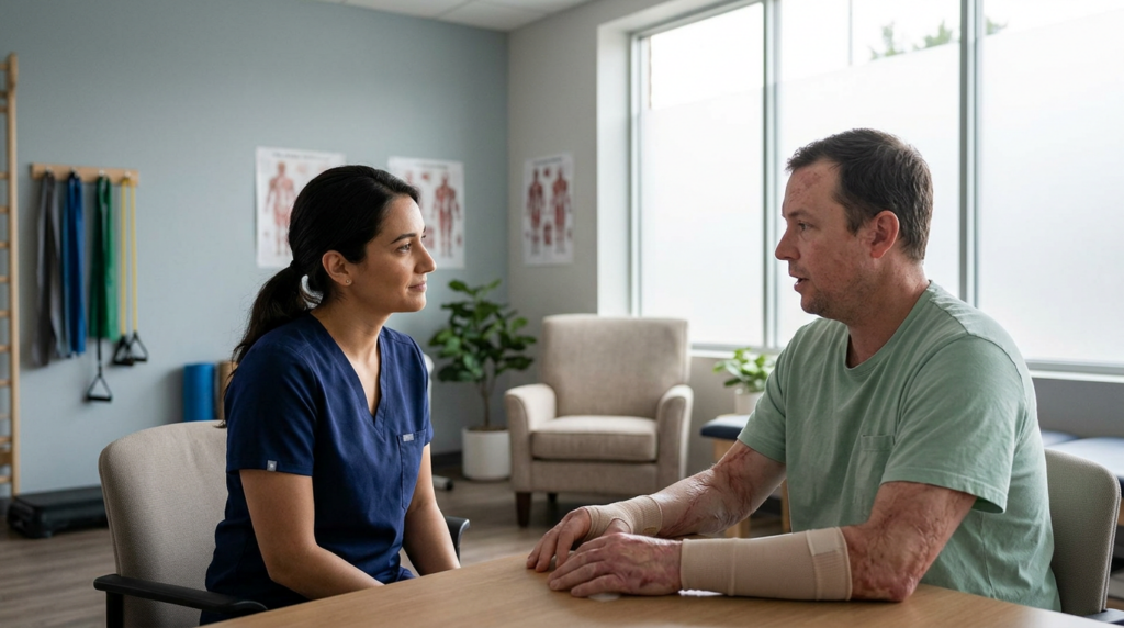 Burn injury patient meeting with a rehabilitation clinician in a private treatment room.