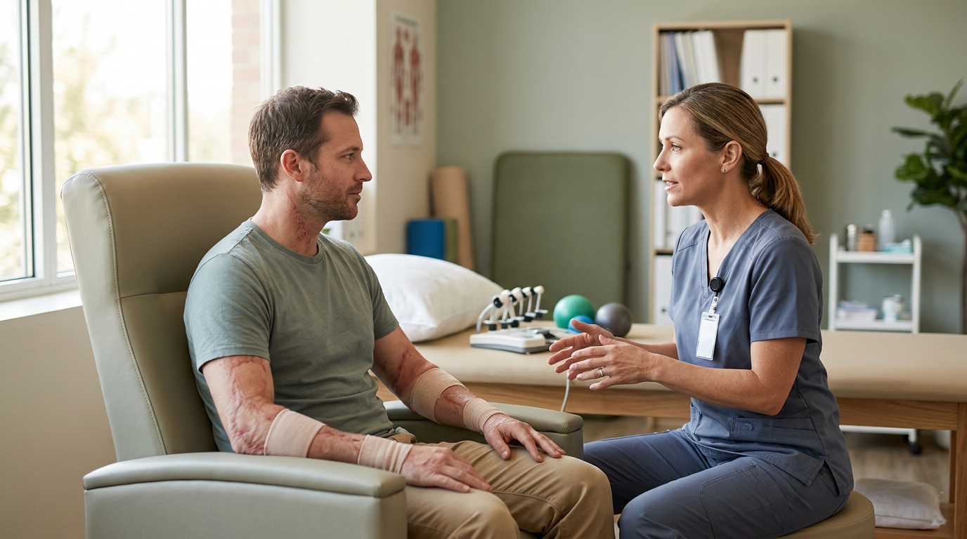 Burn injury patient meeting with a rehabilitation clinician in a calm private treatment room.