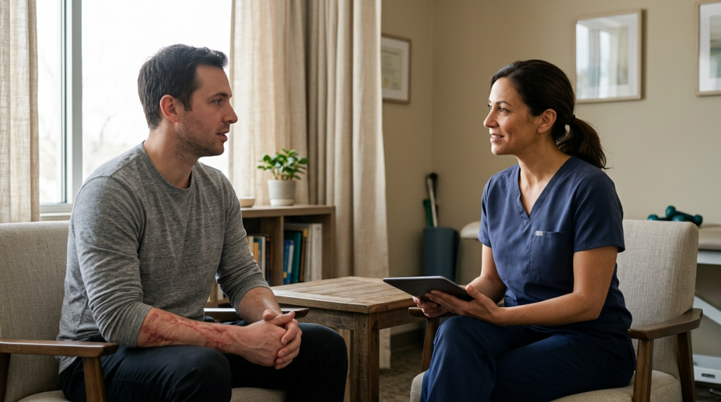 Burn injury patient meeting with a rehabilitation clinician in a calm private treatment room.