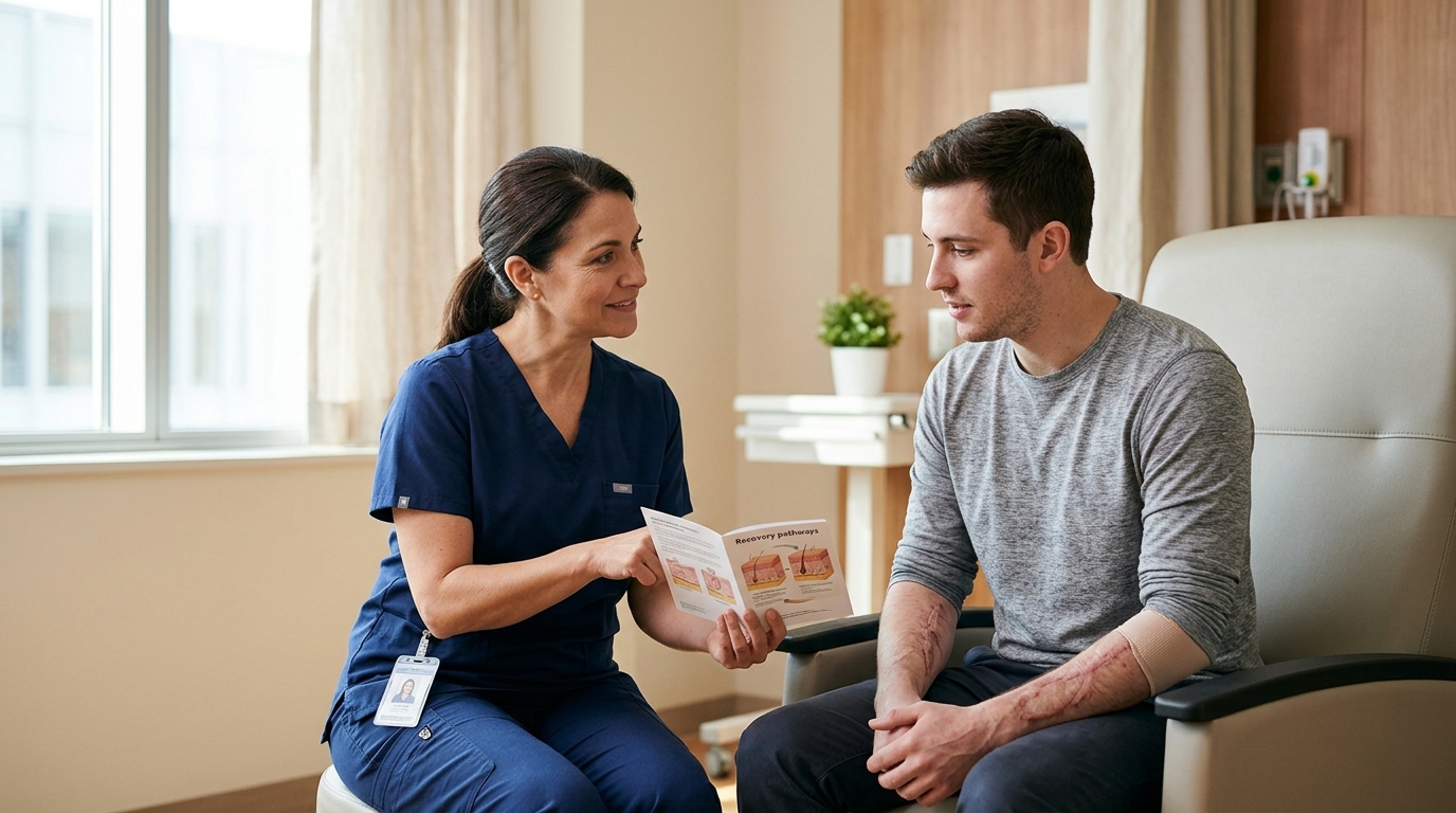 Burn injury patient meeting with a rehabilitation clinician in a calm private treatment room.