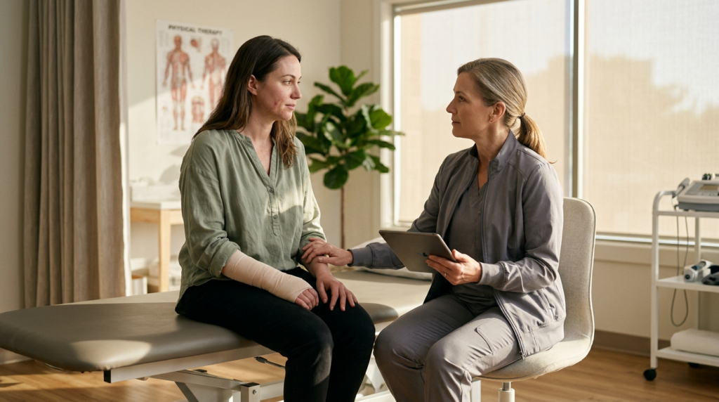 Burn injury patient meeting with a rehabilitation clinician in a quiet private treatment room.