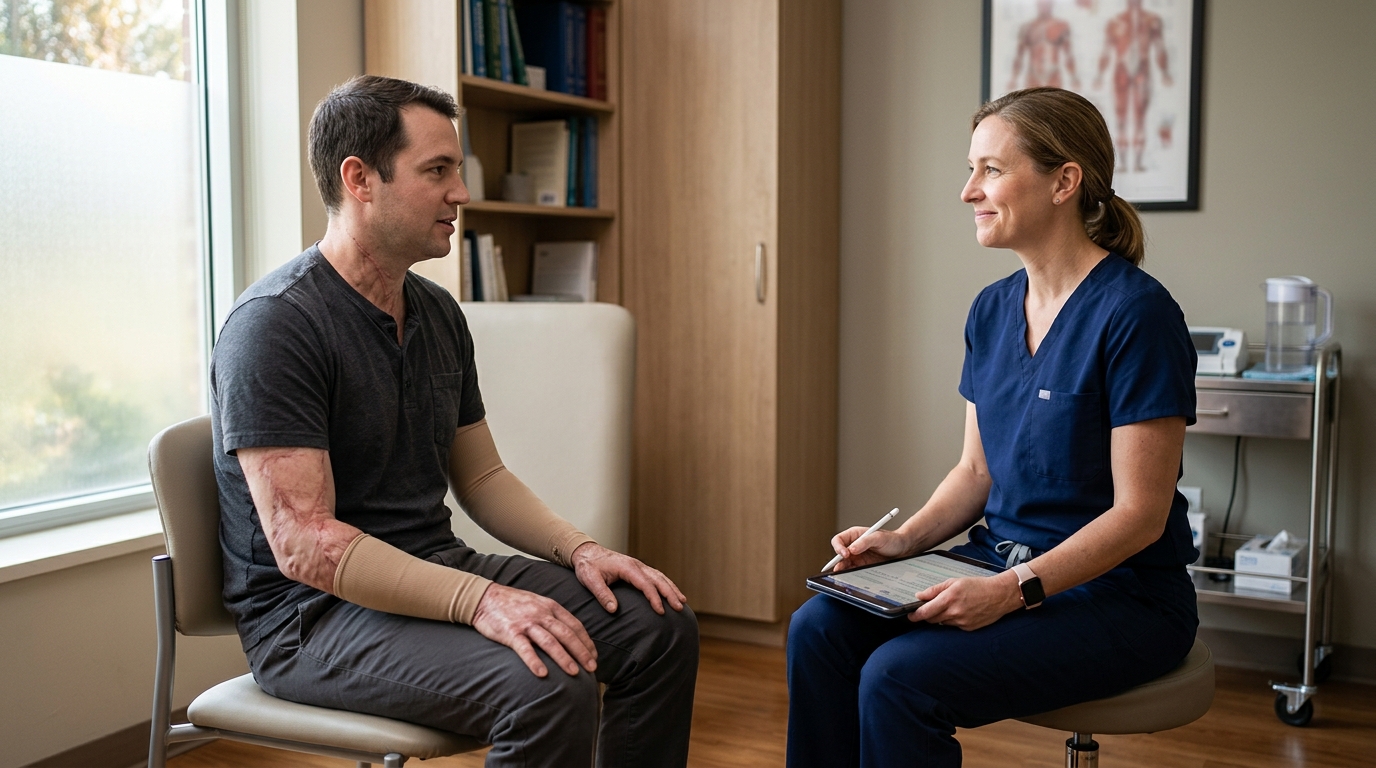 Burn injury patient meeting with a rehabilitation clinician in a private treatment room.
