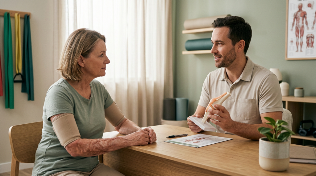 Burn injury patient meeting with a rehabilitation clinician in a quiet private treatment room.