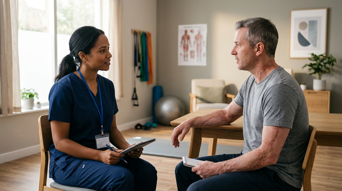 Burn injury patient meeting with a rehabilitation clinician in a calm private treatment room.