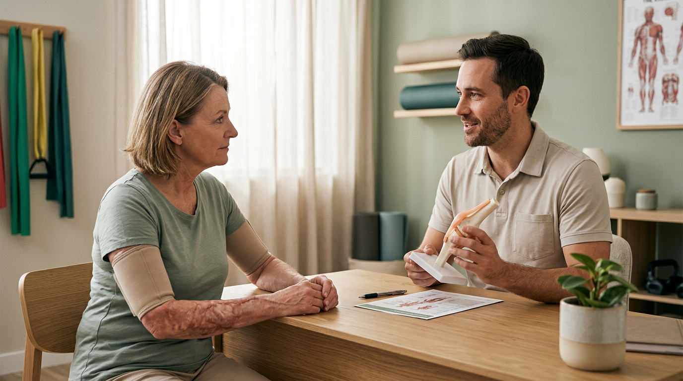 Burn injury patient meeting with a rehabilitation clinician in a quiet private treatment room.