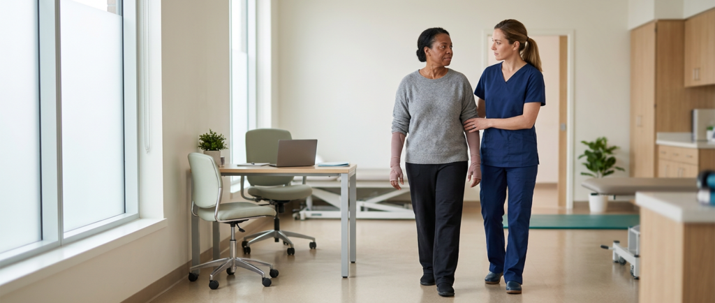 Burn injury patient meeting with a rehabilitation clinician in a quiet private treatment room.