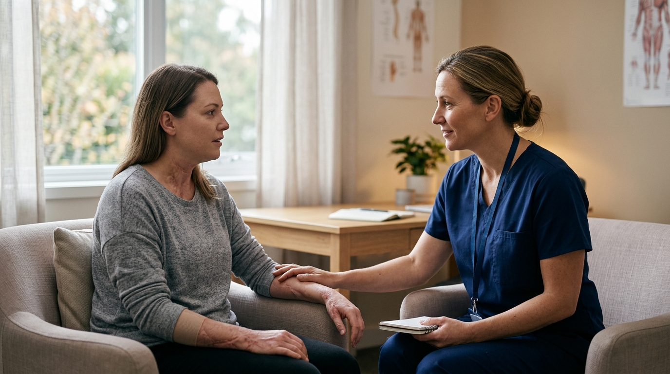 Burn injury patient meeting with a rehabilitation clinician in a calm private treatment room.