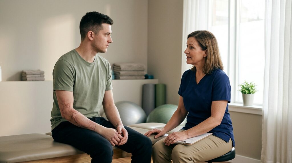Burn injury patient meeting with a rehabilitation clinician in a calm private treatment room.