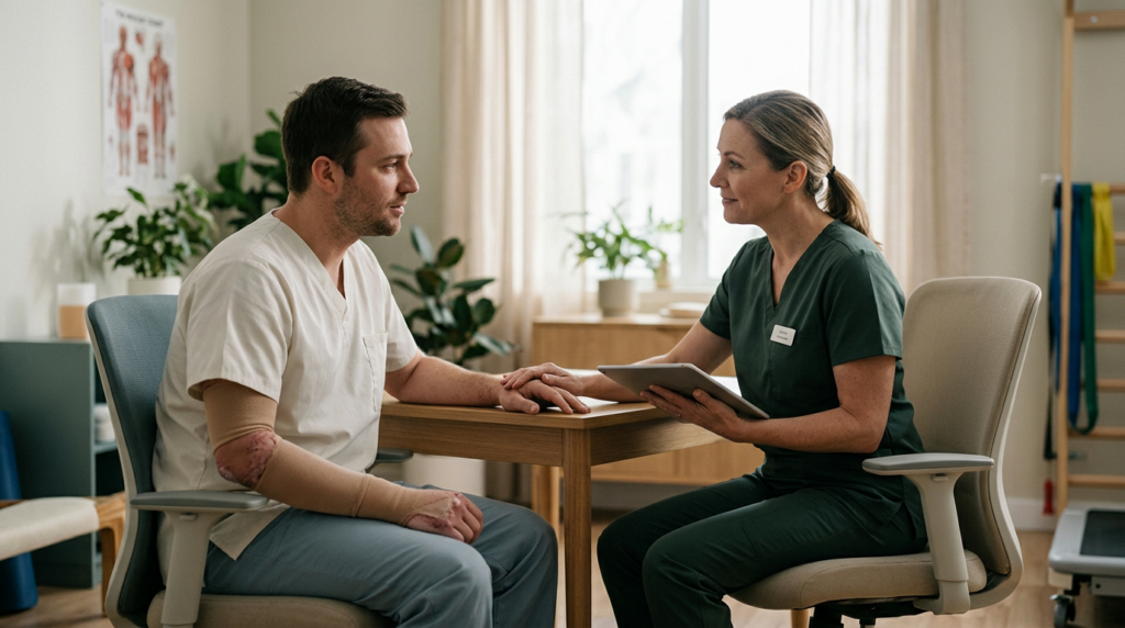 Burn injury patient meeting with a rehabilitation clinician in a calm private treatment room.