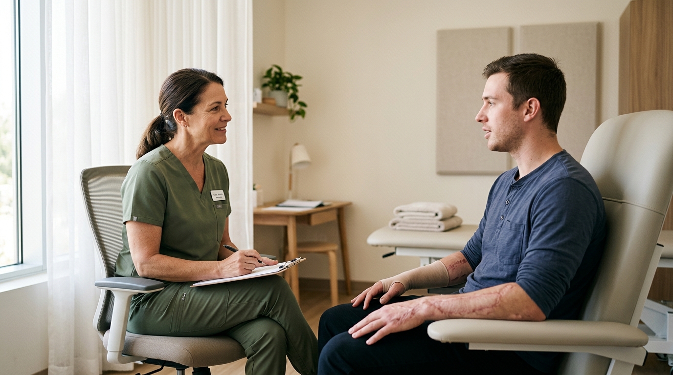 Burn injury patient meeting with a rehabilitation clinician in a private treatment room.