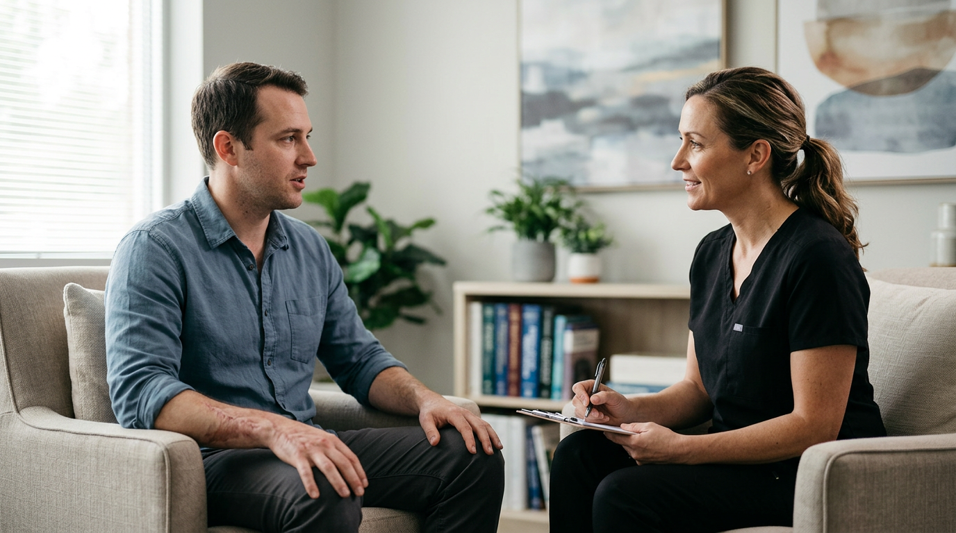 Burn injury patient meeting with a rehabilitation clinician in a calm private treatment room.