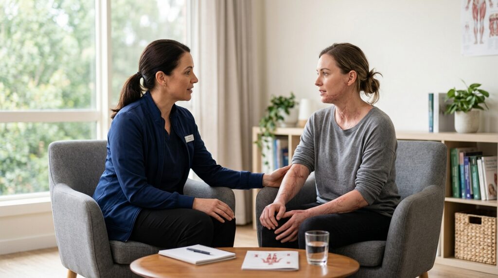 Burn injury patient meeting with a rehabilitation clinician in a calm private treatment room.
