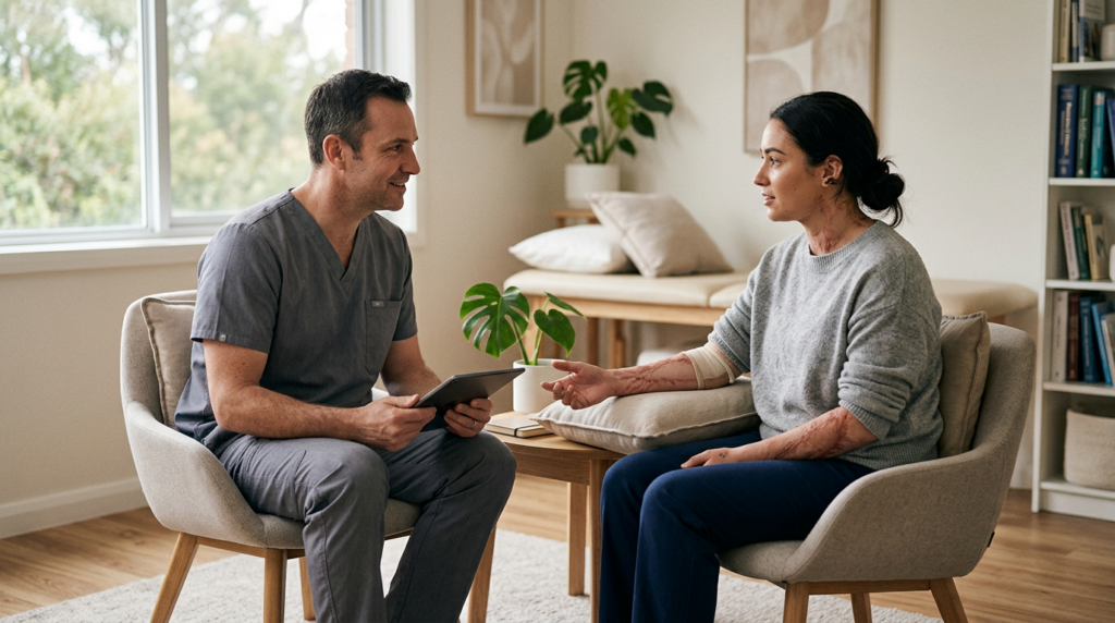 Burn injury patient meeting with a rehabilitation clinician in a private treatment room.