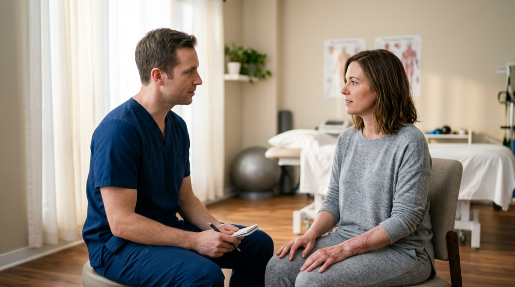 Burn injury patient meeting with a rehabilitation clinician in a calm private treatment room.