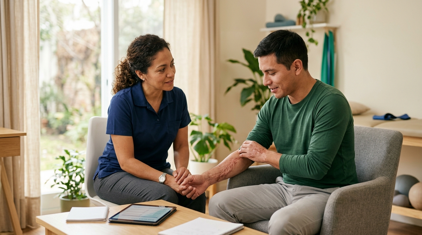 Burn injury patient meeting with a rehabilitation clinician in a calm private treatment room.