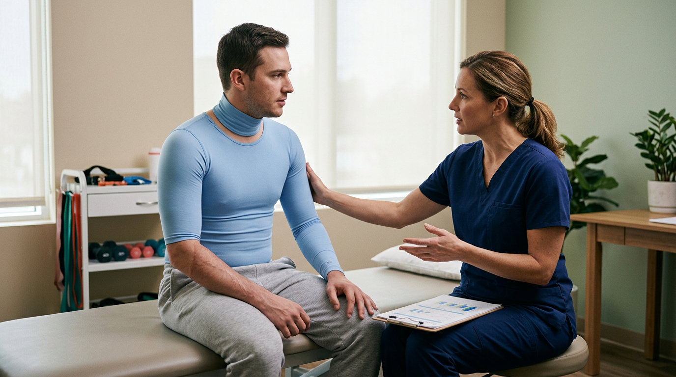 Burn injury patient meeting with a rehabilitation clinician in a calm private treatment room.