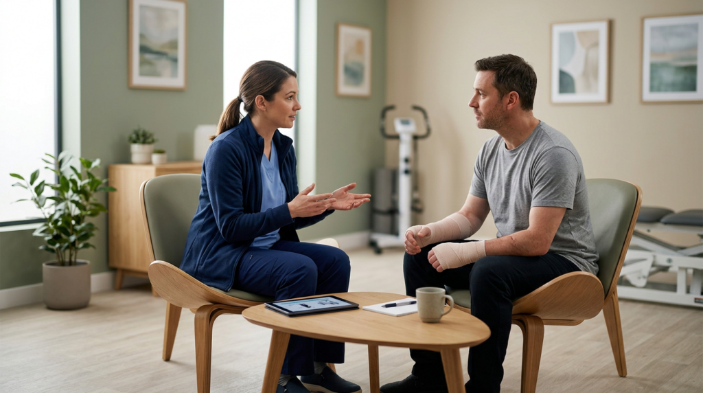 Burn injury patient meeting with a rehabilitation clinician in a calm private treatment room.
