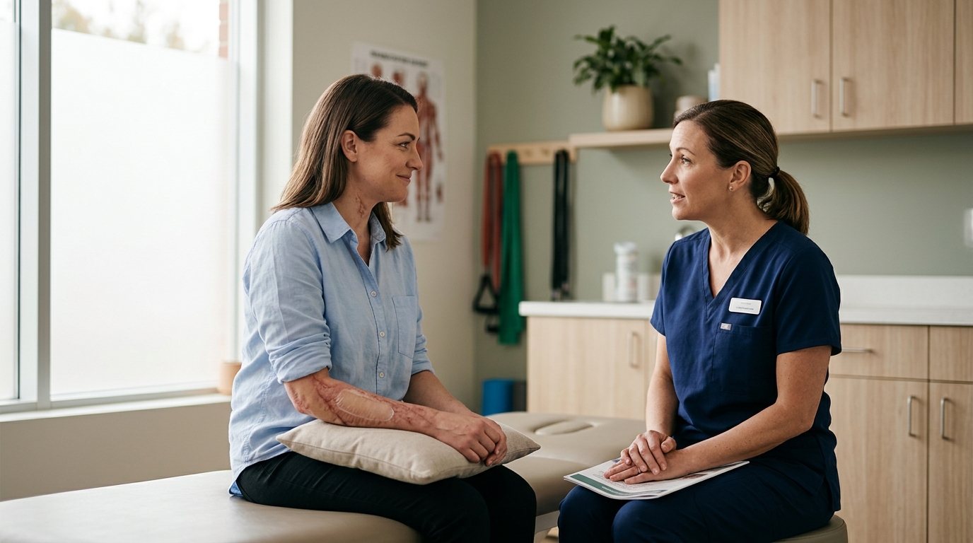 Burn injury patient meeting with a rehabilitation clinician in a calm private treatment room.