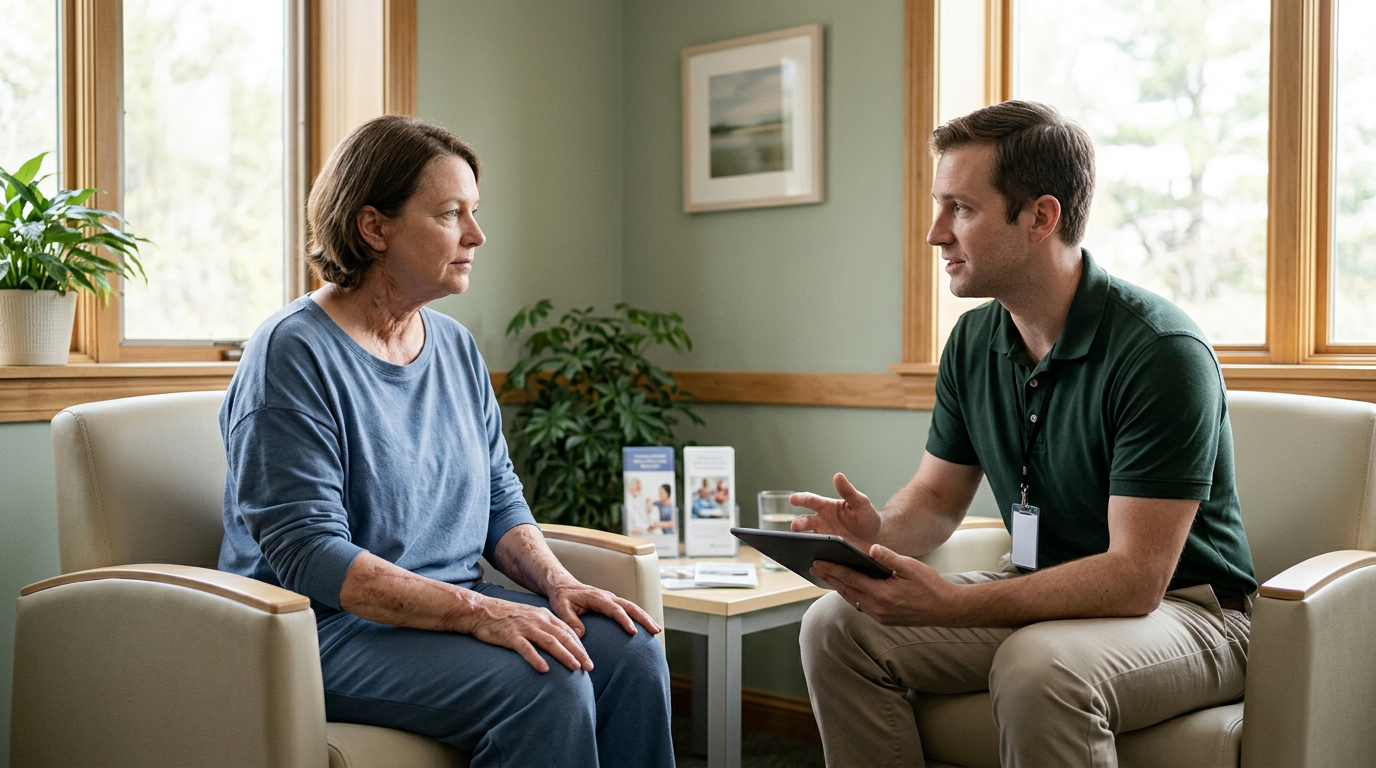 Burn injury patient meeting with a rehabilitation clinician in a calm private treatment room.