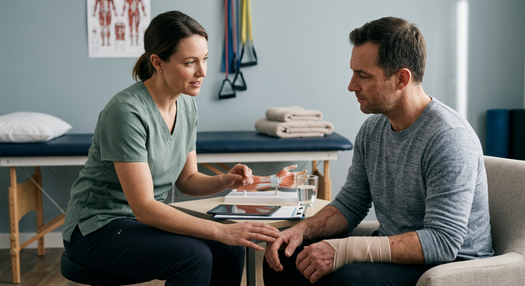 Burn injury patient meeting with a rehabilitation clinician in a calm private treatment room.