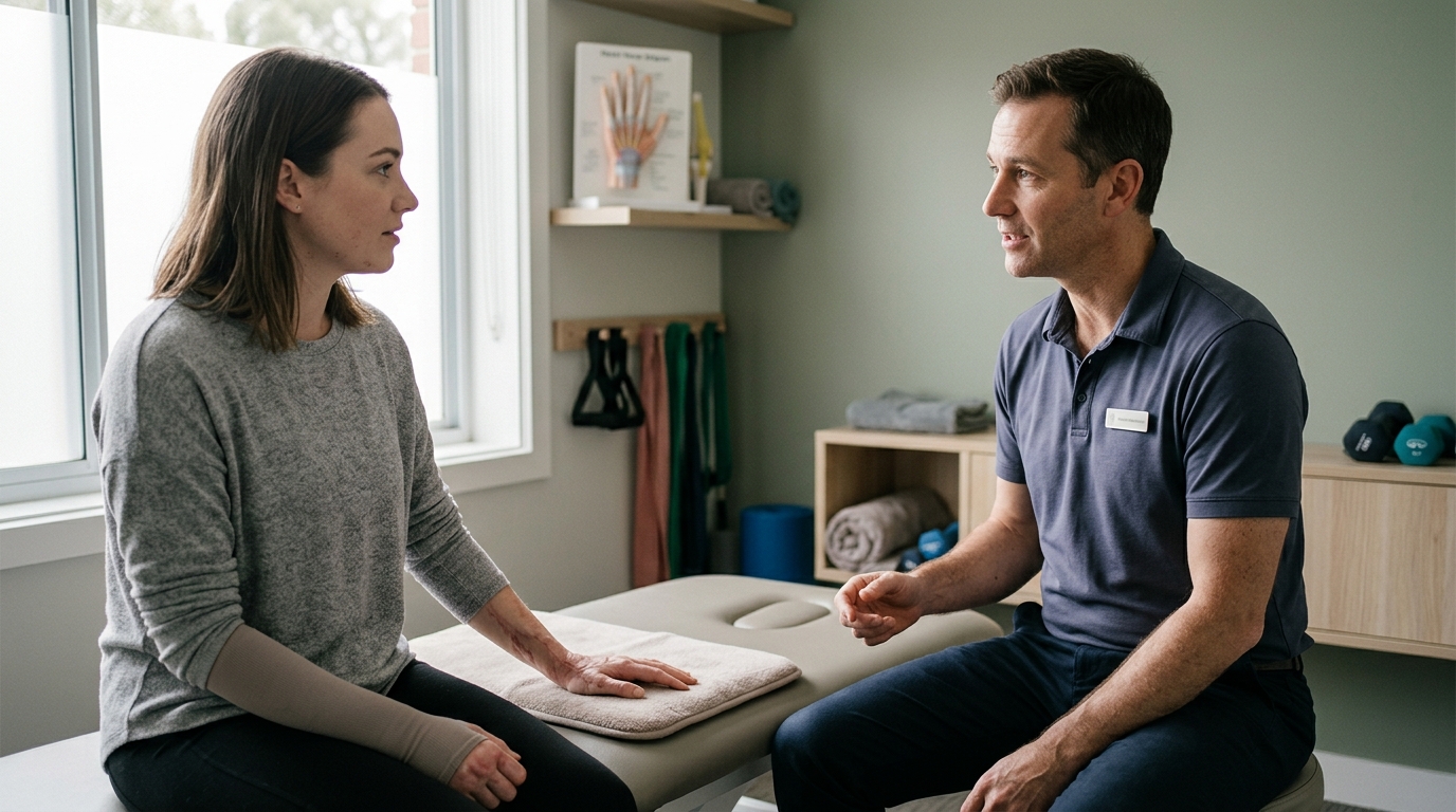 Burn injury patient meeting with a rehabilitation clinician in a calm private treatment room.