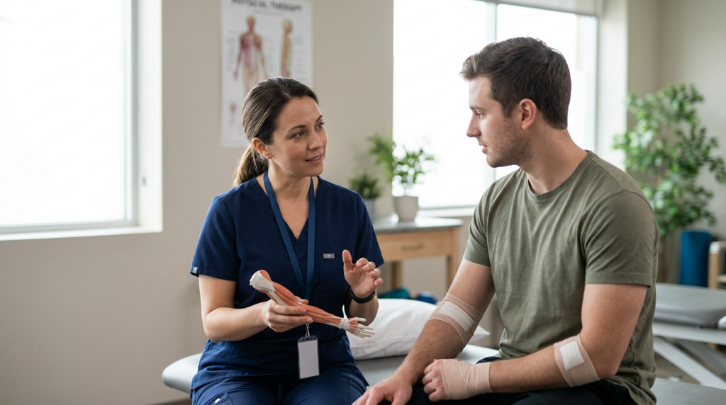 Burn injury patient meeting with a rehabilitation clinician in a private treatment room.
