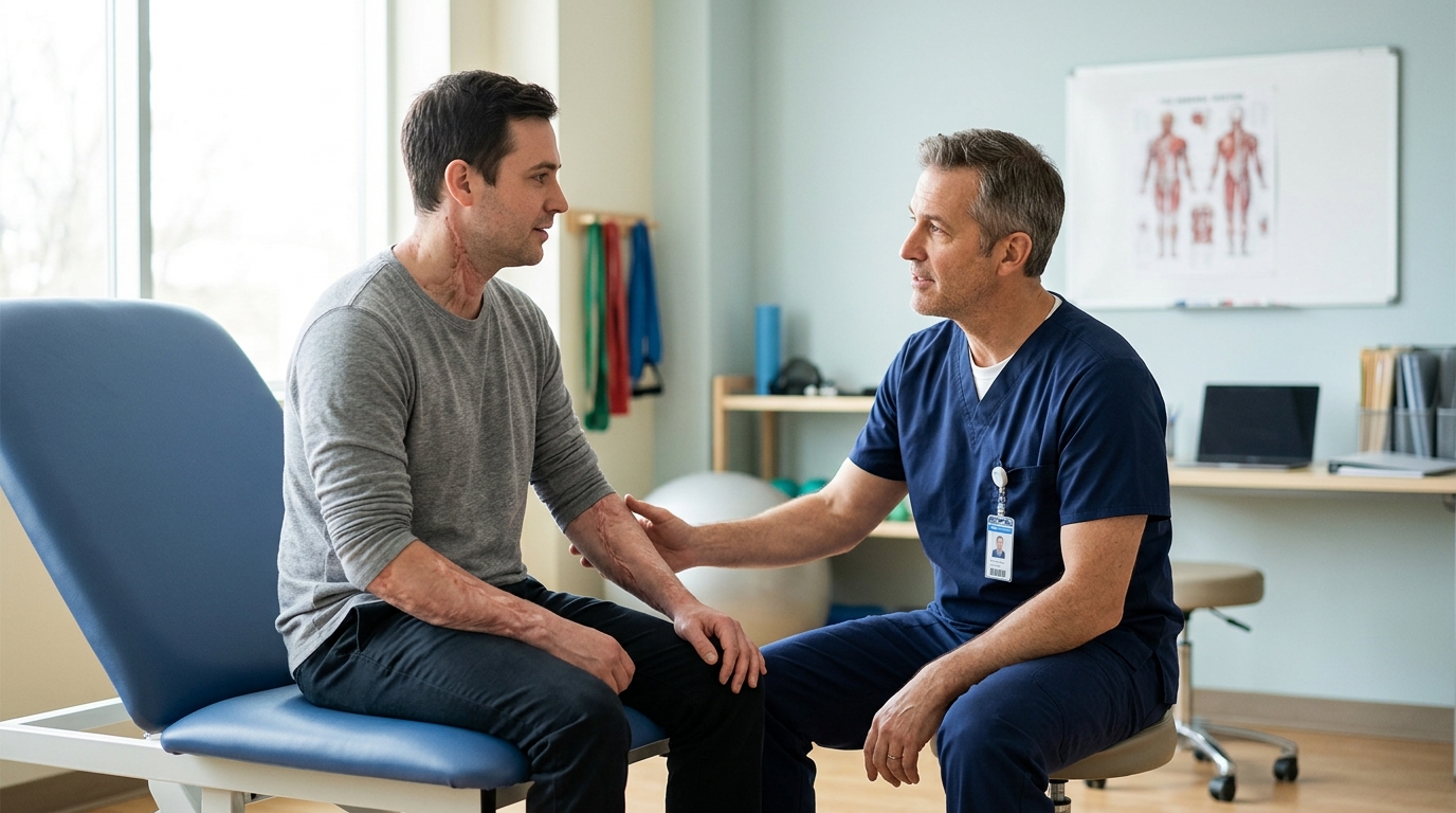 Burn injury patient meeting with a rehabilitation clinician in a calm private treatment room.