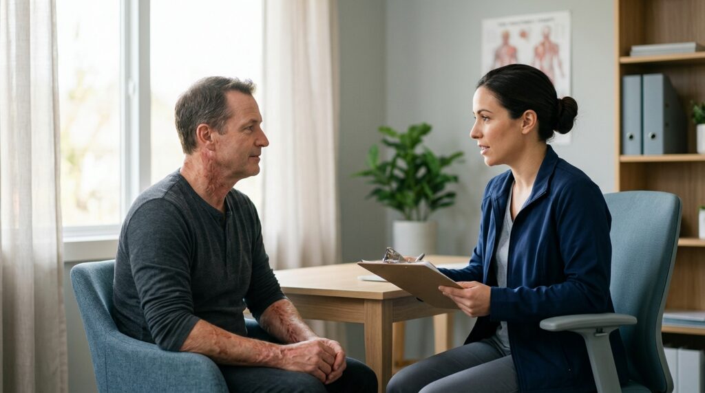Burn injury patient meeting with a rehabilitation clinician in a calm private treatment room.