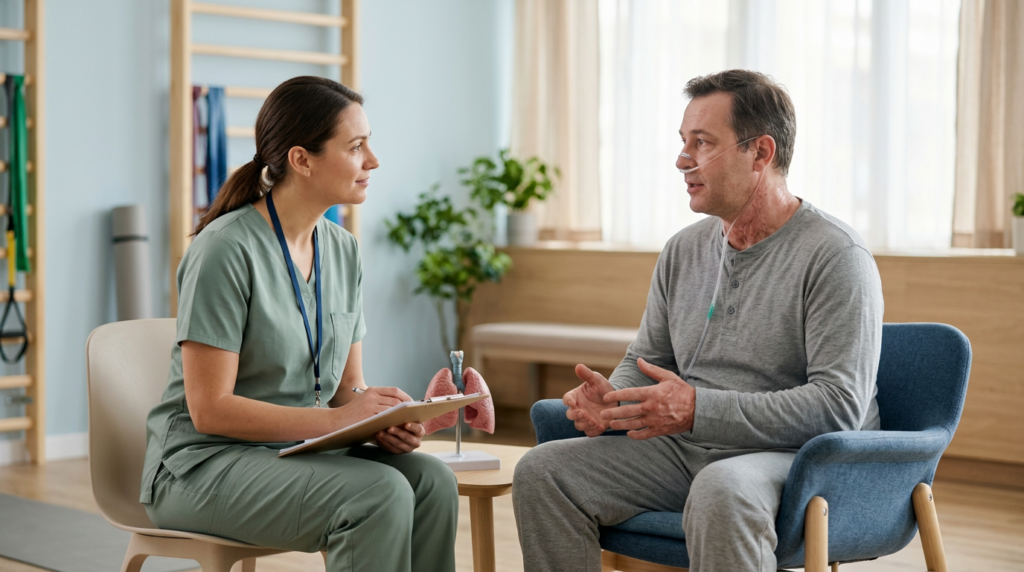 Burn injury patient meeting with a rehabilitation clinician in a calm private treatment room.