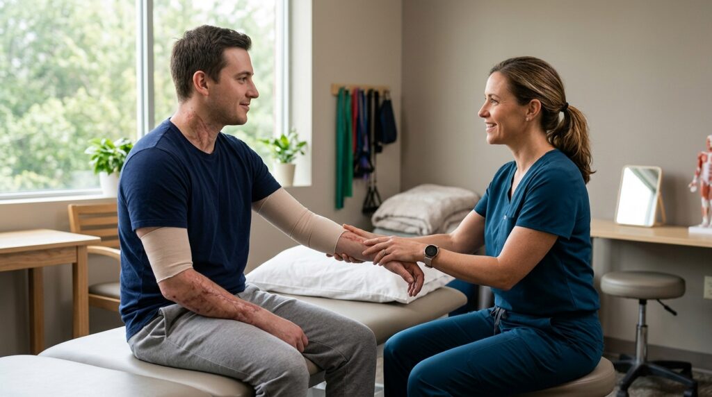 Burn injury patient meeting with a rehabilitation clinician in a calm private treatment room.