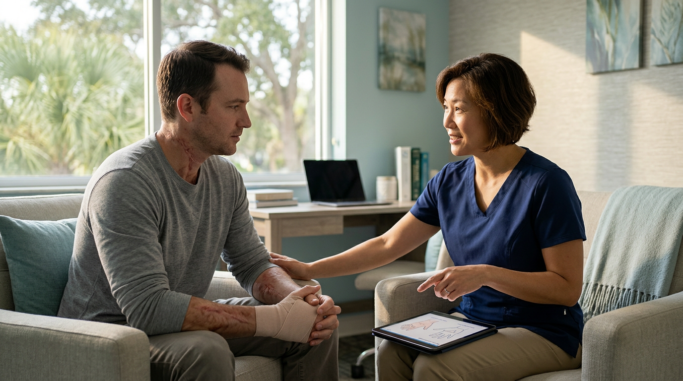 Burn injury patient meeting with a rehabilitation clinician in a calm private treatment room.