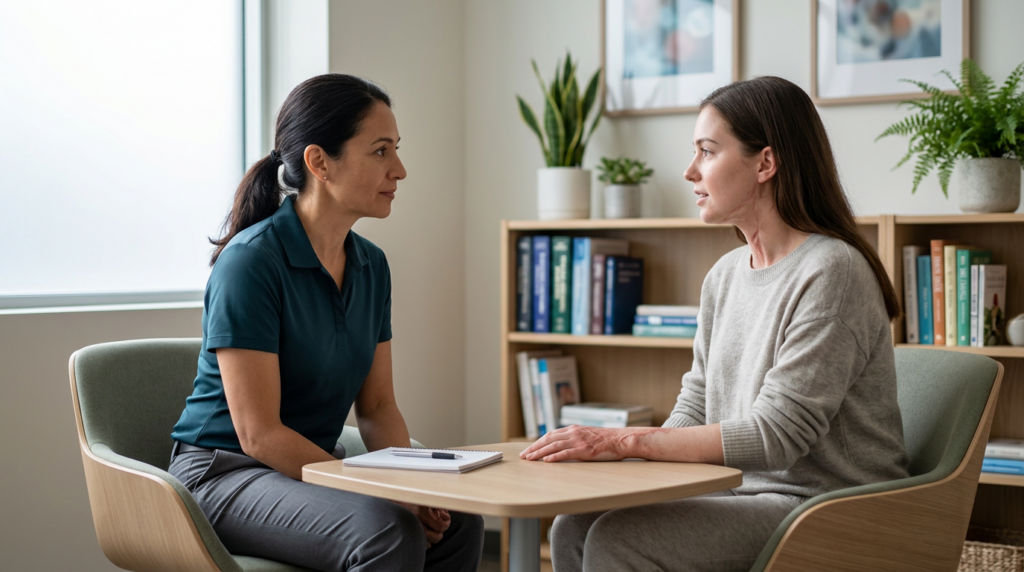Burn injury patient talking with a rehabilitation clinician in a calm private treatment room.