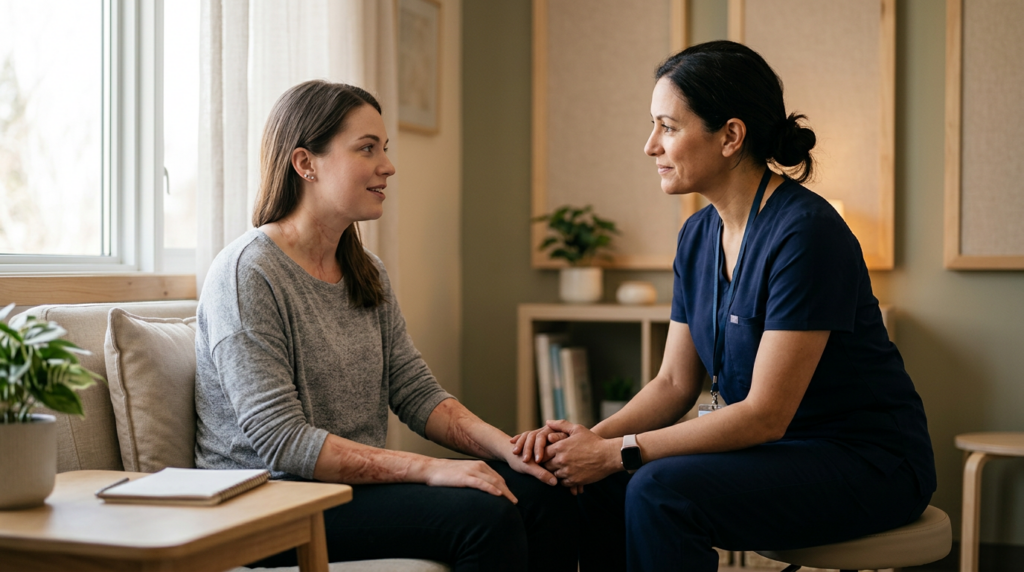 Burn injury patient talking with a rehabilitation clinician in a calm private treatment room.