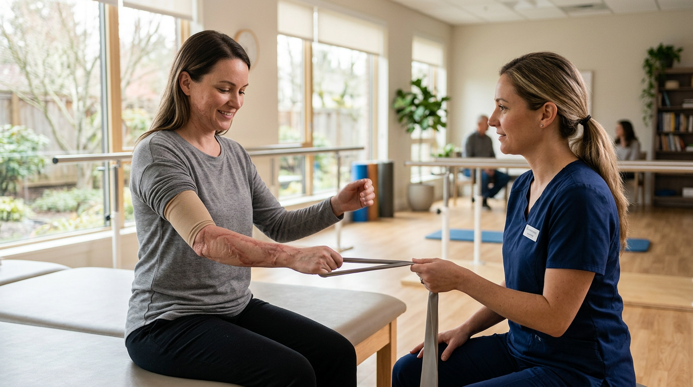 Burn-injury survivor in a calm rehabilitation setting, treated with dignity.