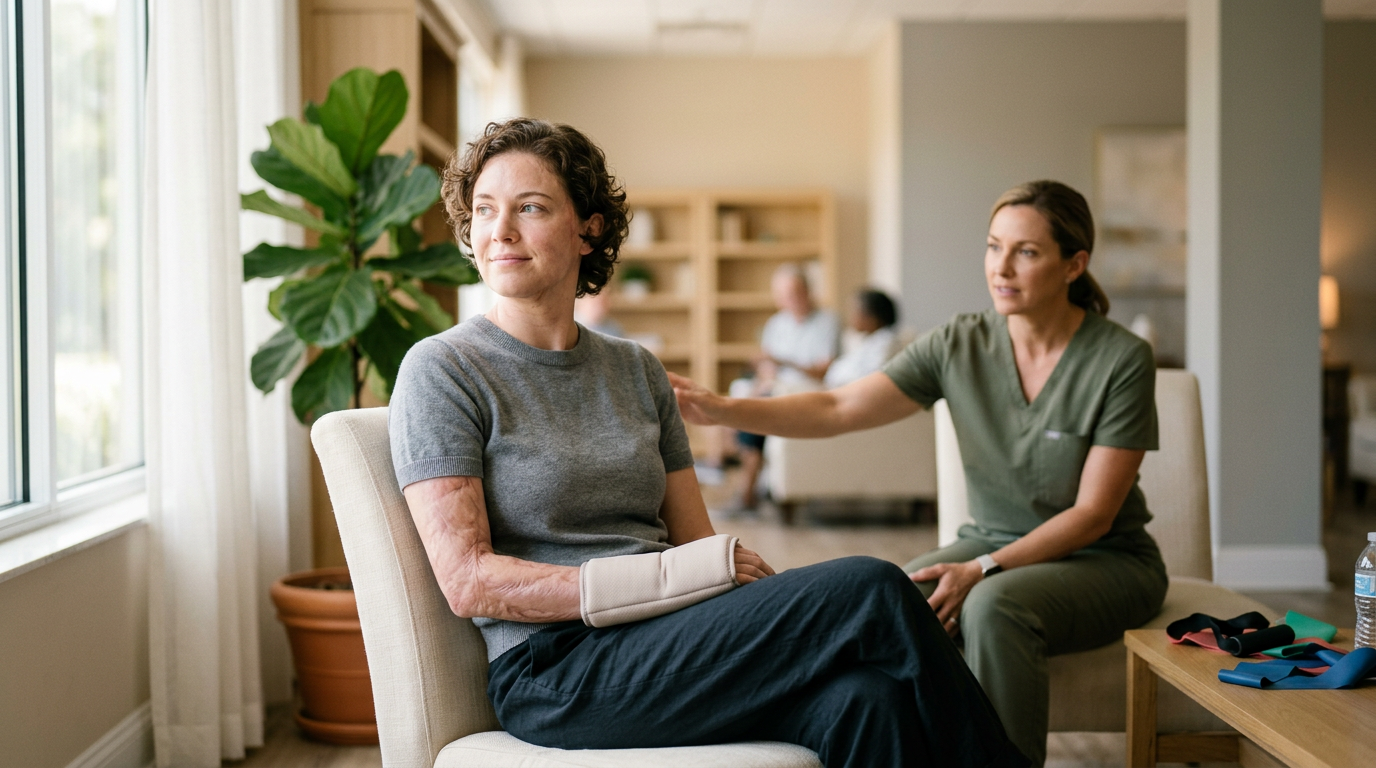 Burn injury survivor in a calm rehabilitation setting, treated with dignity.