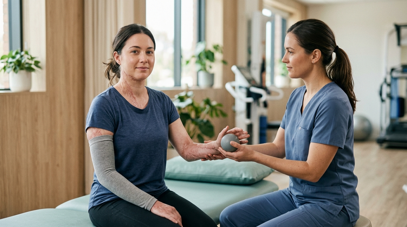 Burn-injury survivor in a calm rehabilitation setting, treated with dignity.