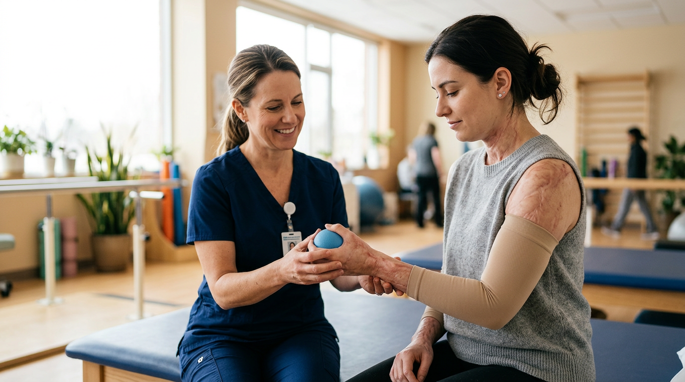 Burn-injury survivor in a calm rehabilitation setting, treated with dignity.