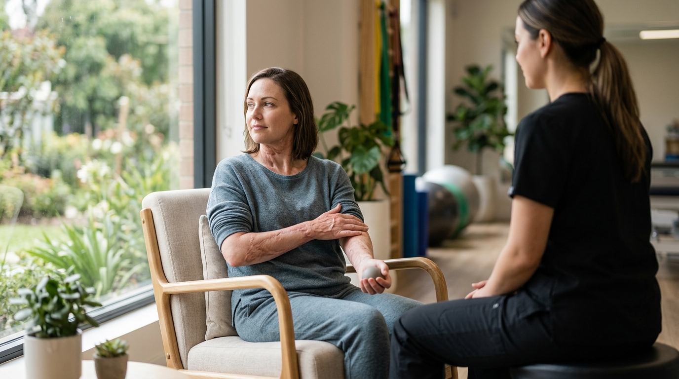 Burn-injury survivor in a calm rehabilitation setting, treated with dignity.