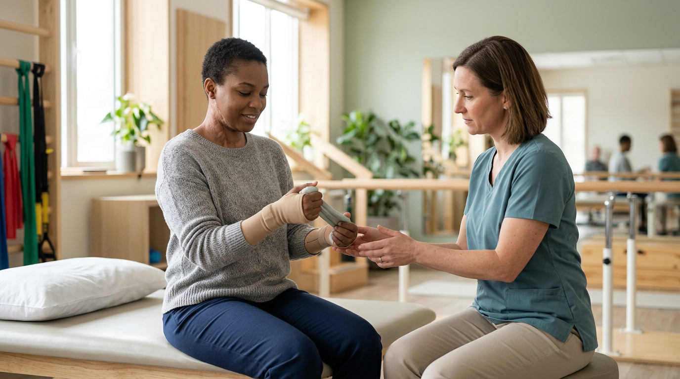 Burn-injury survivor in a calm rehabilitation setting, treated with dignity.