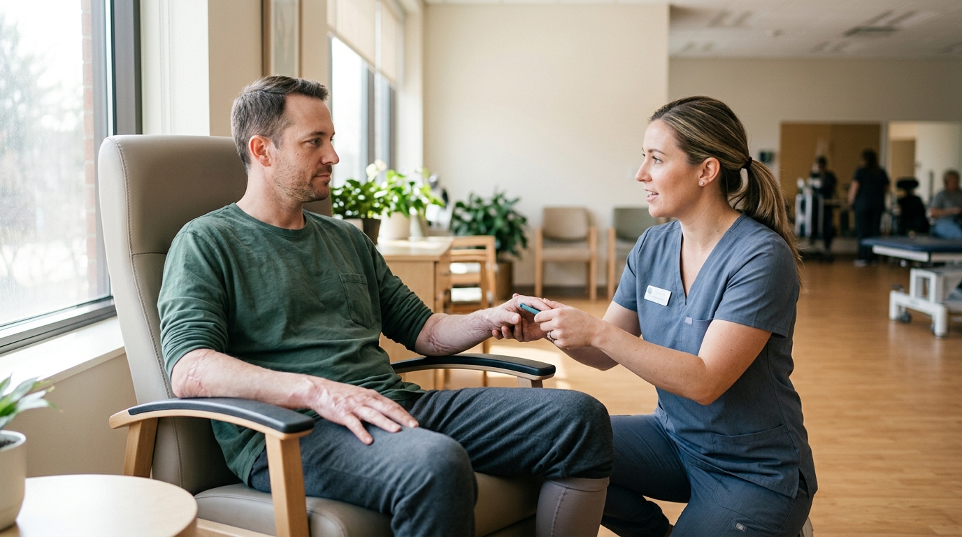 Burn-injury survivor in a calm rehabilitation setting, treated with dignity.