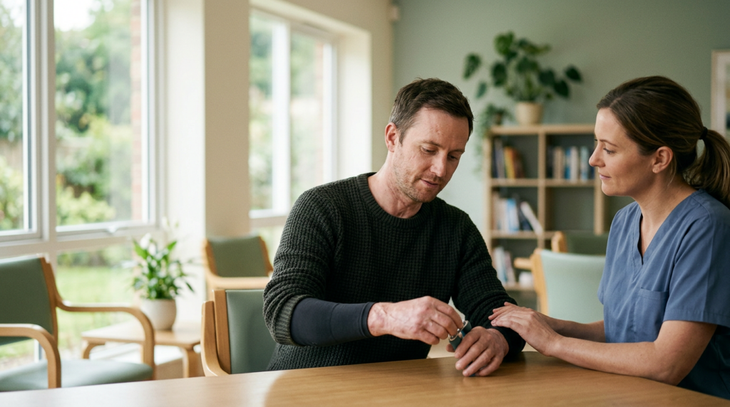 Burn-injury survivor in a calm rehabilitation setting, treated with dignity during recovery care.