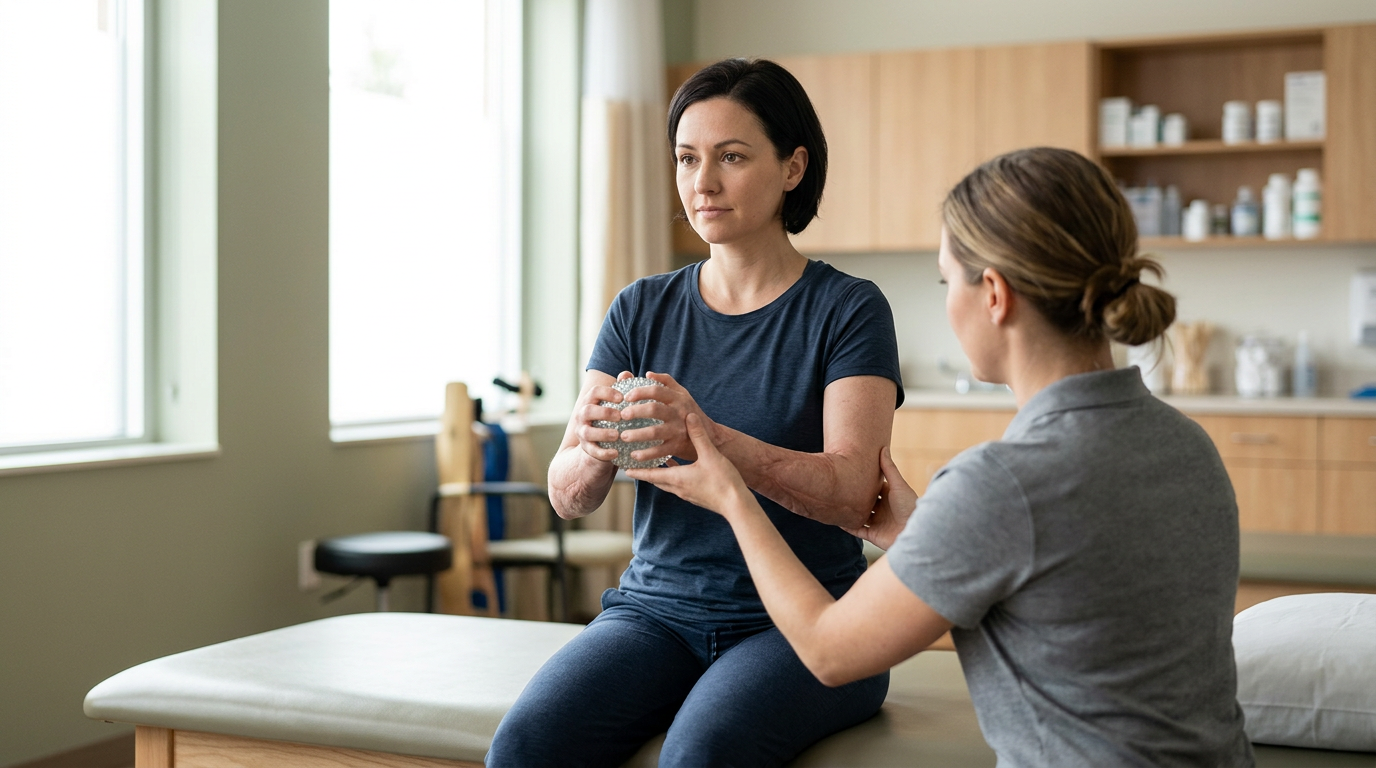 Burn-injury survivor in a calm rehabilitation setting, treated with dignity.