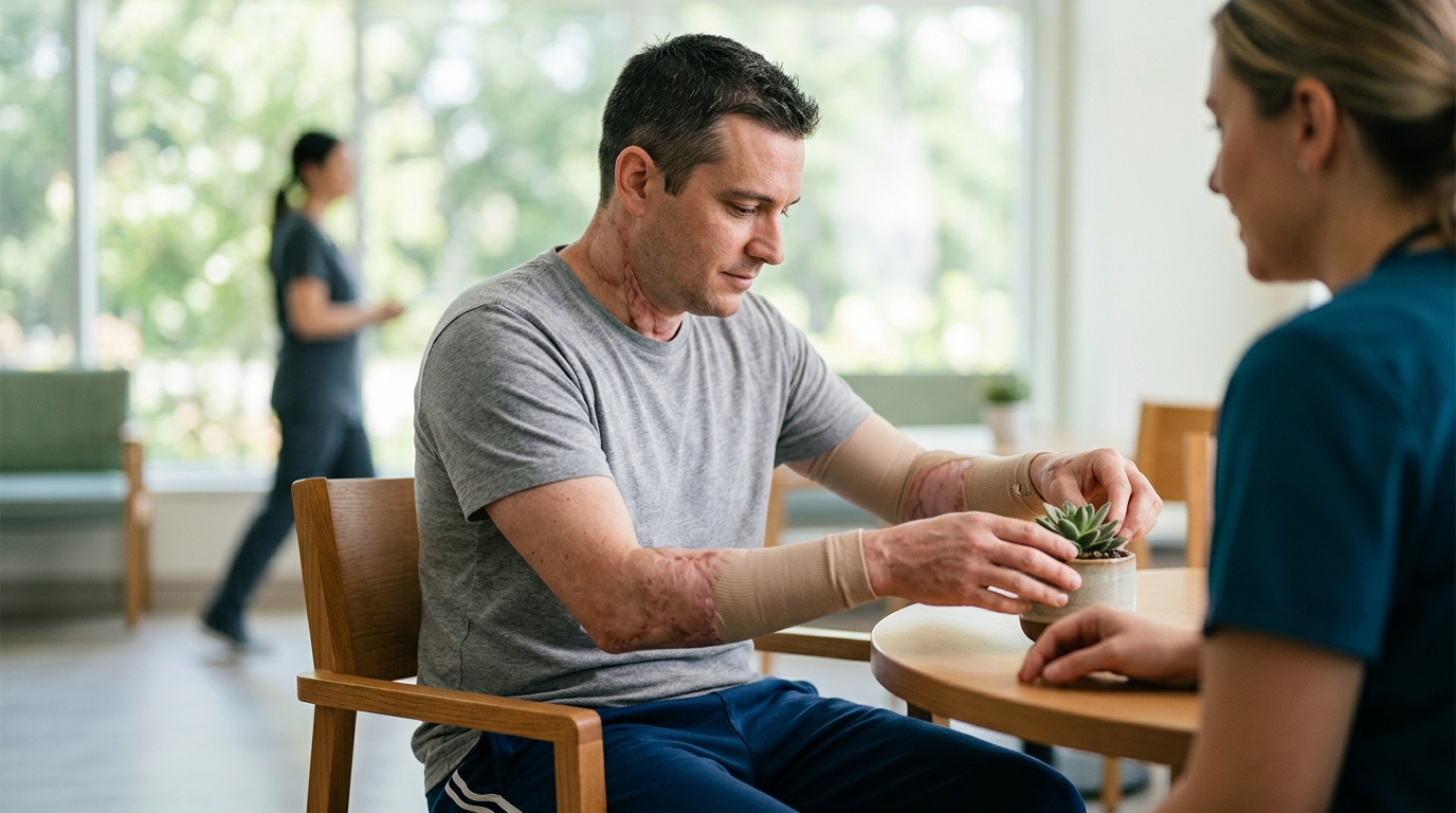 Burn injury survivor in a calm rehabilitation setting, treated with dignity.