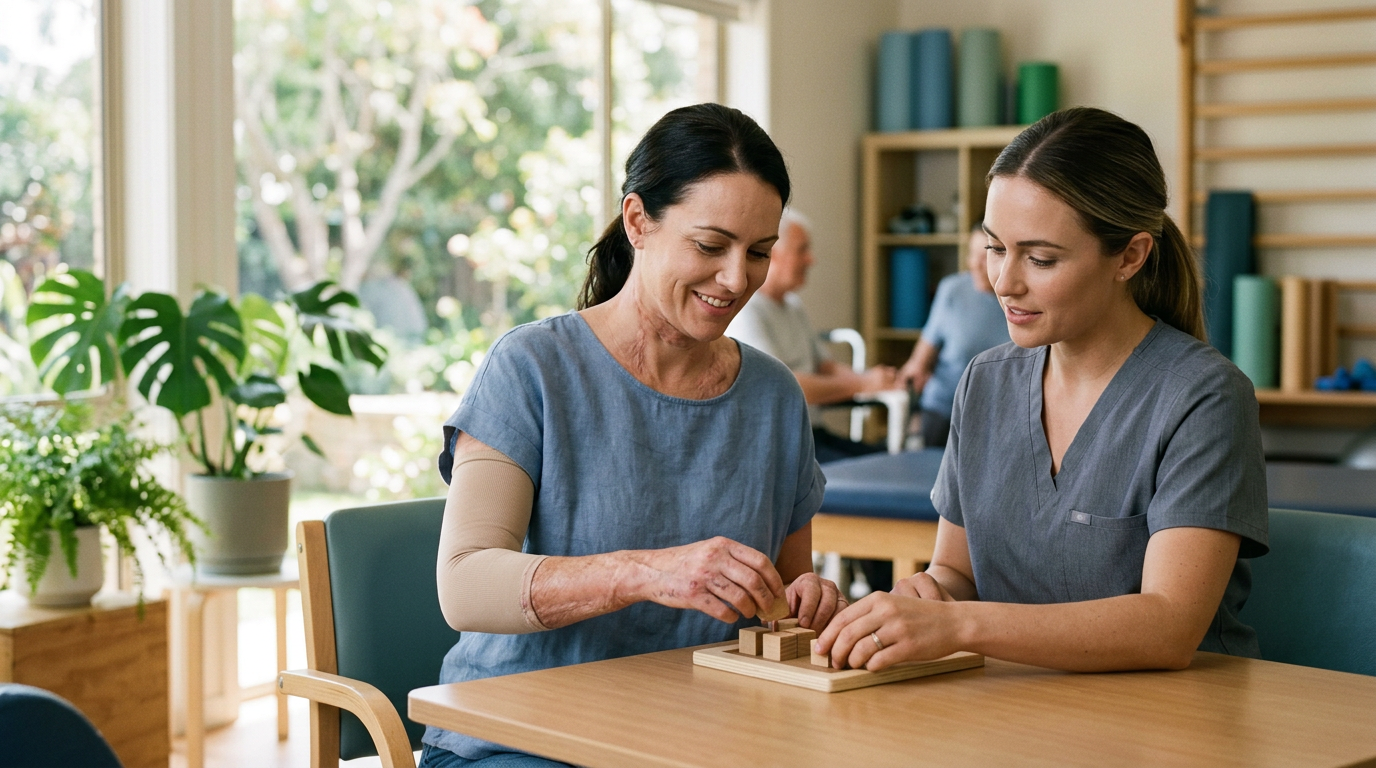 Burn-injury survivor in a rehabilitation setting, treated with dignity.