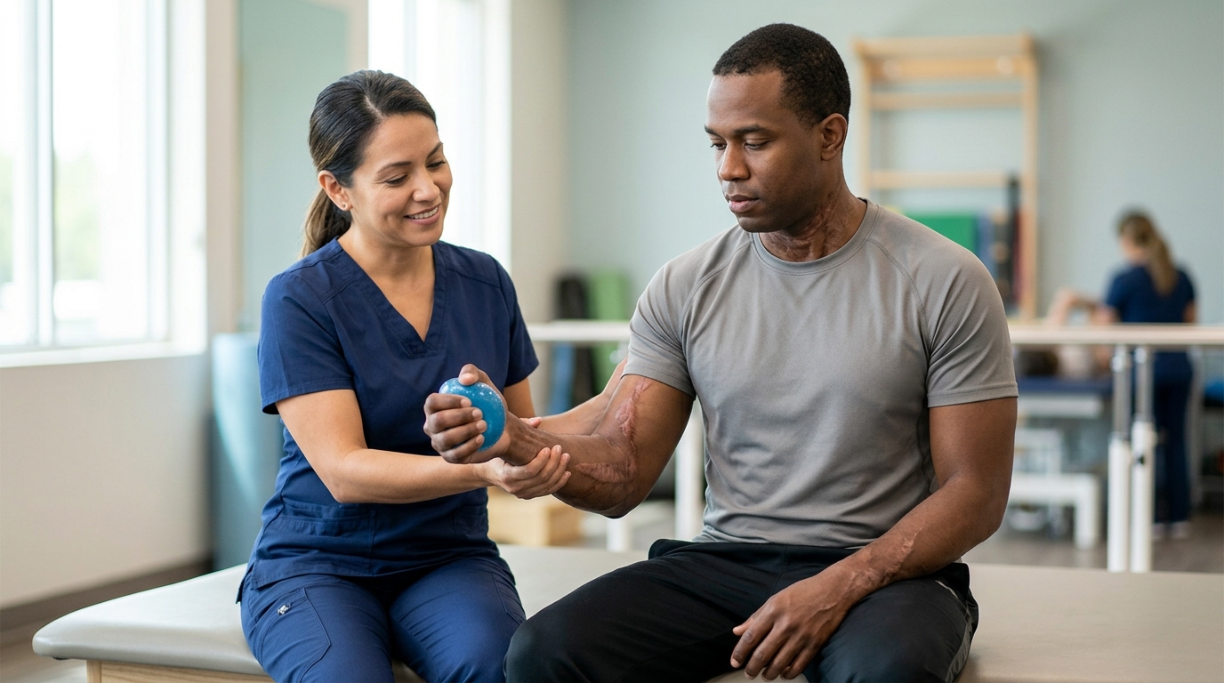 Burn injury survivor in a rehabilitation setting, treated with dignity during recovery.